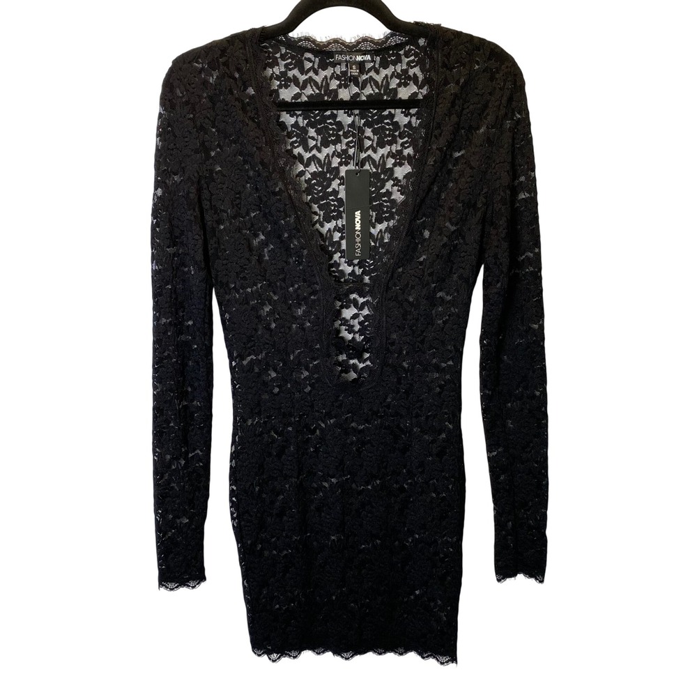 Fashion Nova Victoria Lace Mini Dress Womens S Black Sheer Long Sleeve V-Neck